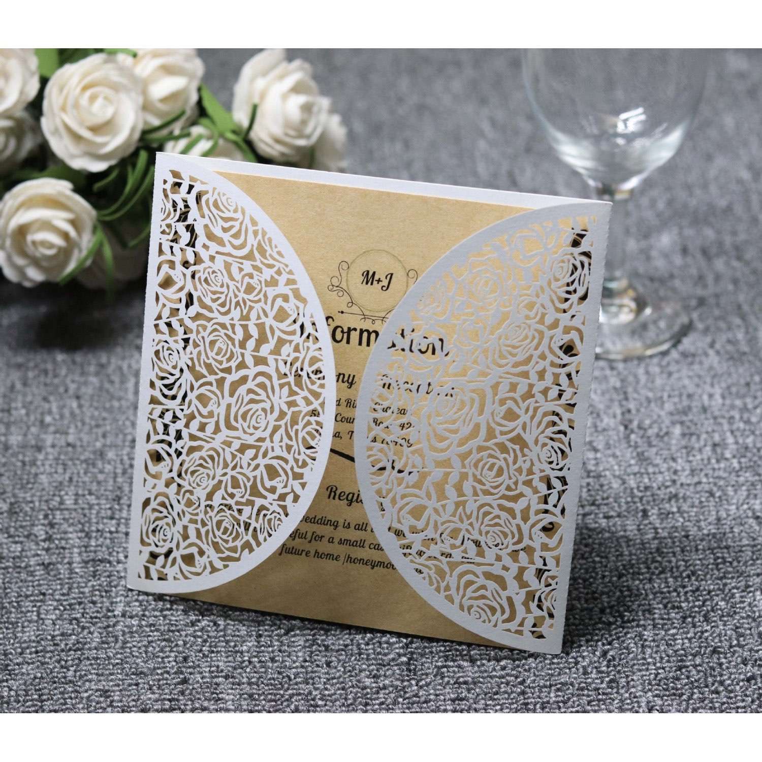 Laser Holder White Rose Invitation Wedding Card Wholesale Square Invitation Card